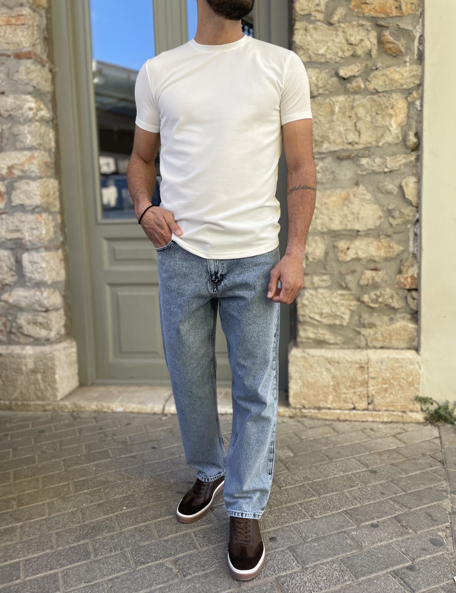 Ανδρικό μπλε πλυμένο Loose τζιν ελαστικό πεντάτσεπο με φερμουάρ G81087 φωτογραφία